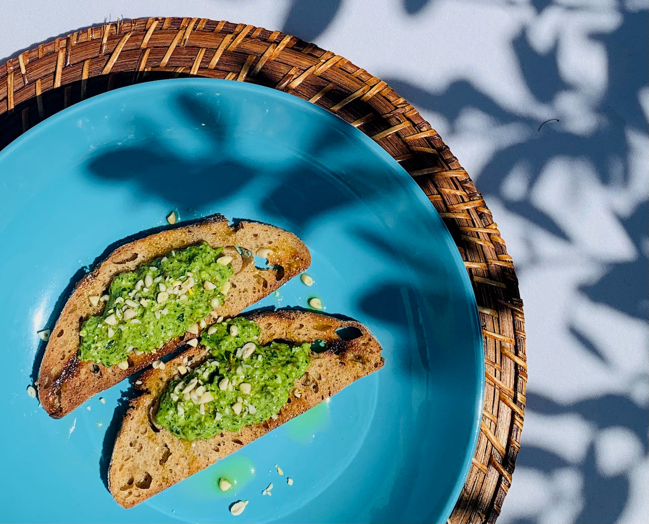 Prebiotic Pesto Recipe with Wild Orchard Organic Green Tea, image of pesto on bread