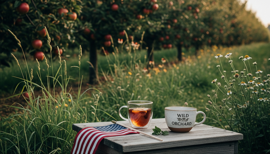Blog: Happy 4th of July from Wild Orchard: Celebration Steeped in Peace, Purpose, and Good Tea, tea in a field with US flag