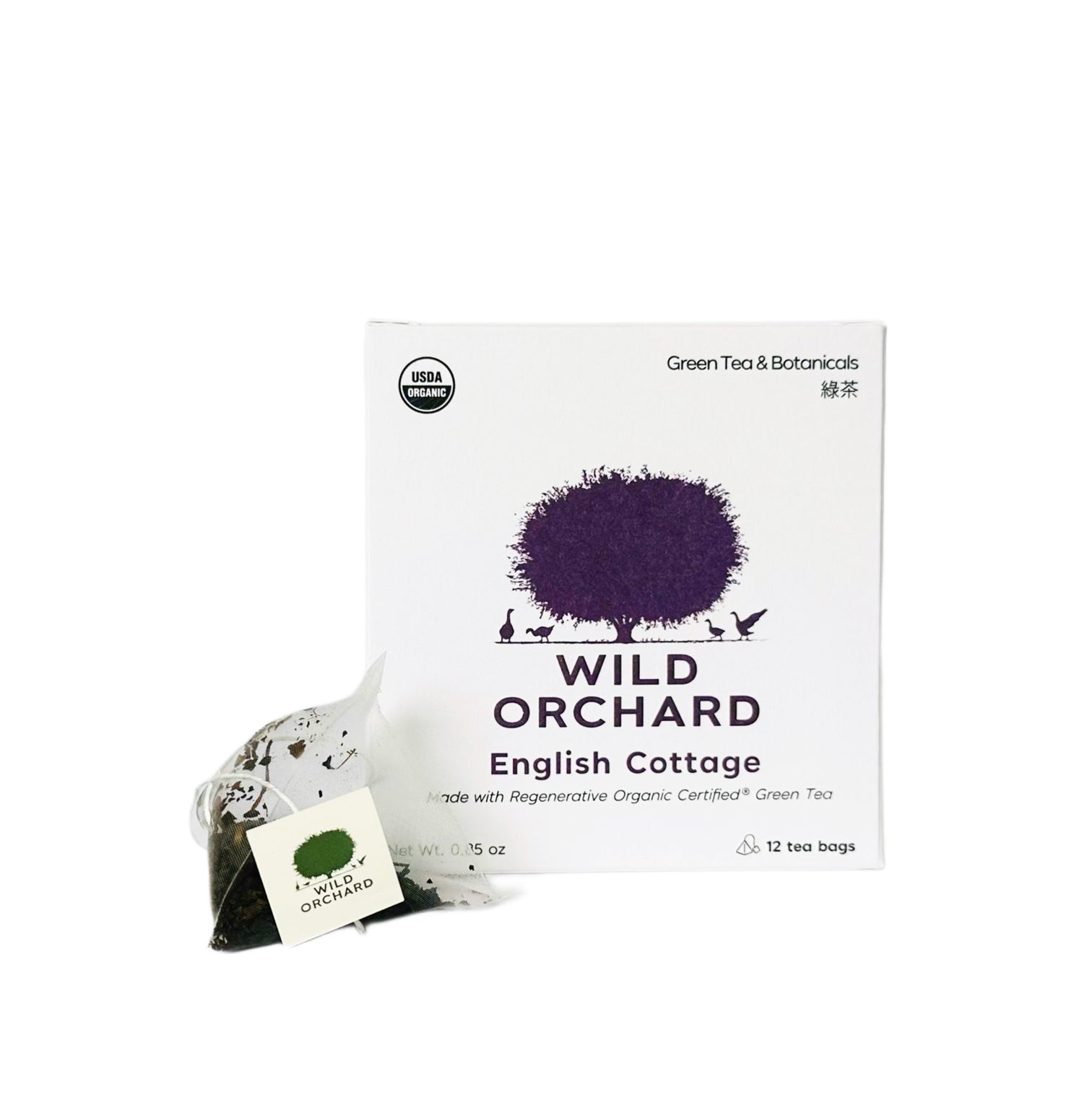 English Cottage - Organic Green Tea Bags by Wild Orchard Tea, image of tea bag and box