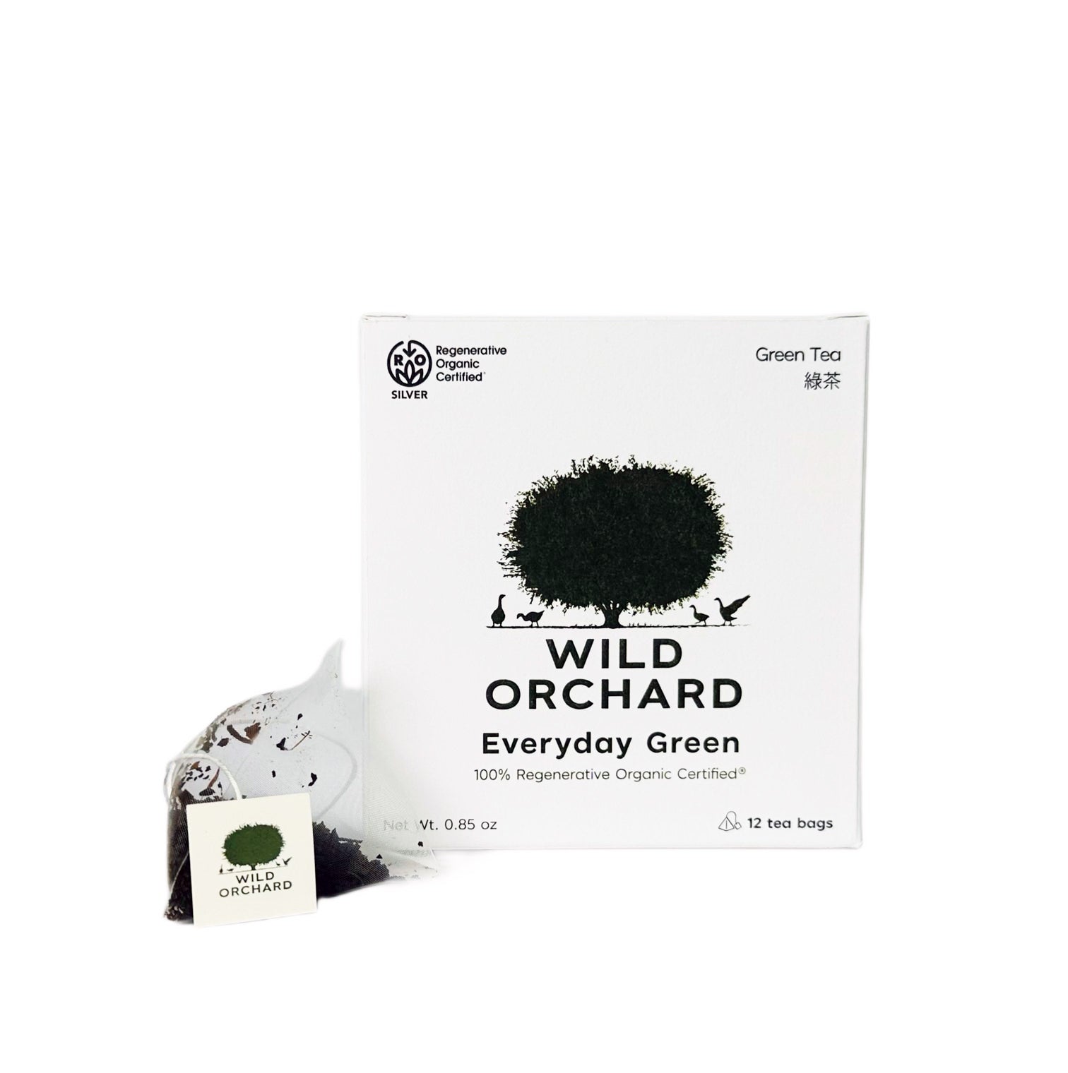 Everyday Green Tea Bags by Wild Orchard Tea, image of biodegradable tea bag and box