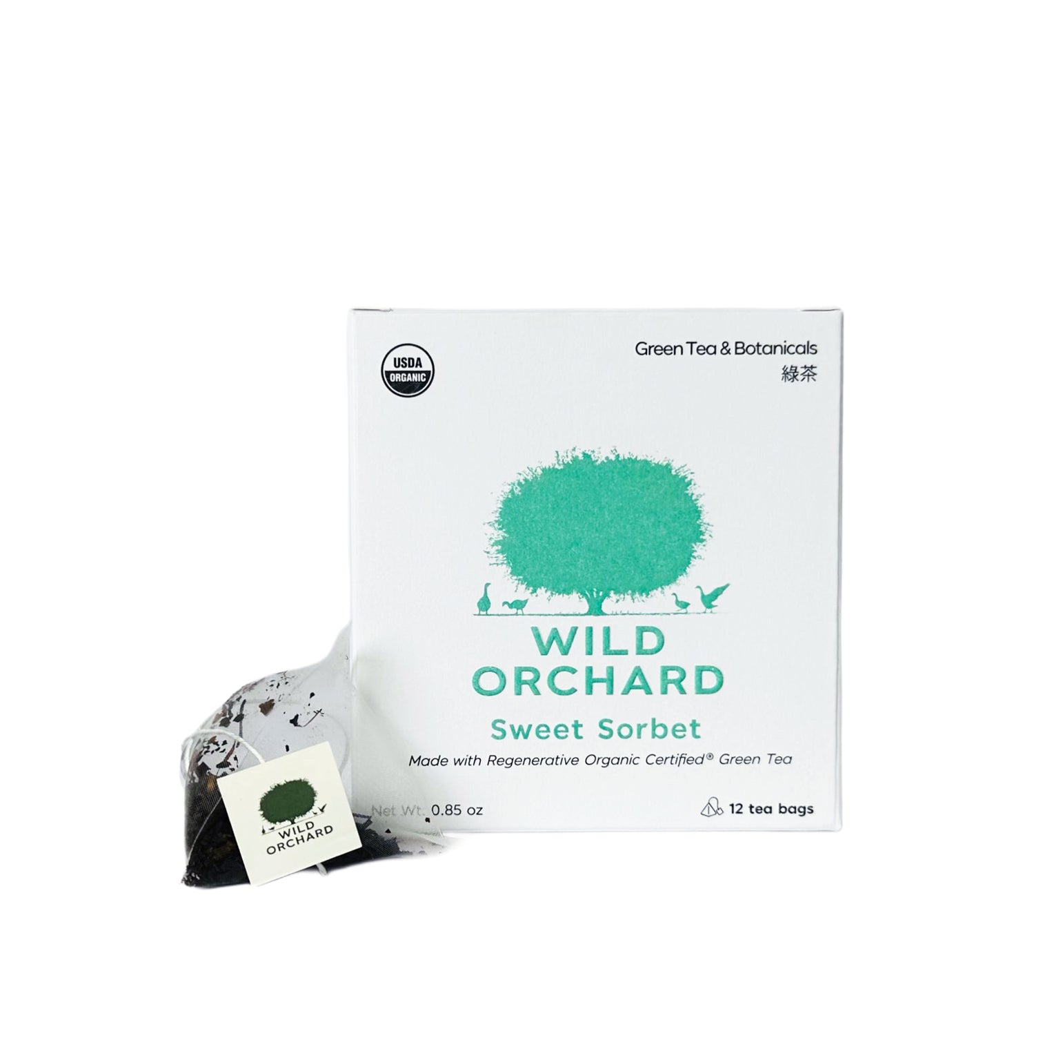 Sweet Sorbet Organic Green Tea Bags by Wild Orchard, image of biodegradable tea bag and recyclable box