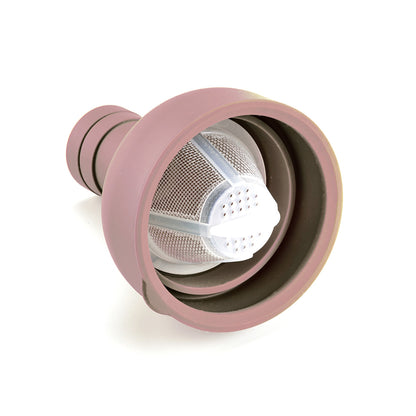 HARIO Cold Brew "Wine" Bottle at Wild Orchard Tea, pink top, close up of filter top