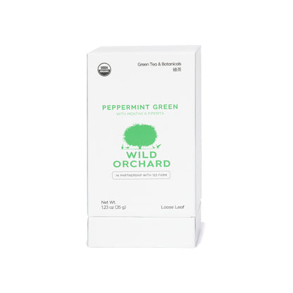 Organic Peppermint Green Tea - Loose Leaf, by Wild Orchard Tea, image of recyclable box
