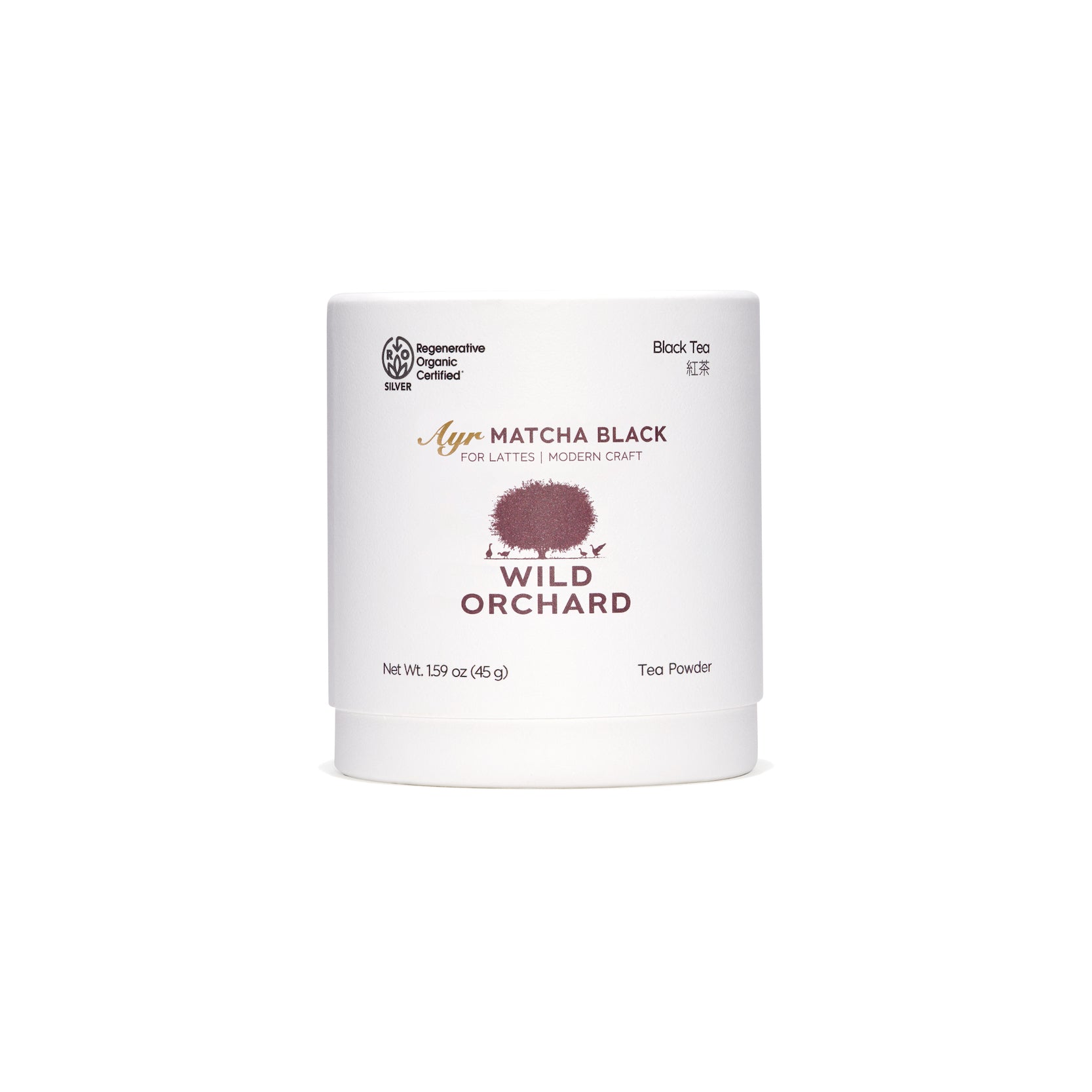 Organic green tea Ayr matcha powder in its recyclable paper container by Wild Orchard