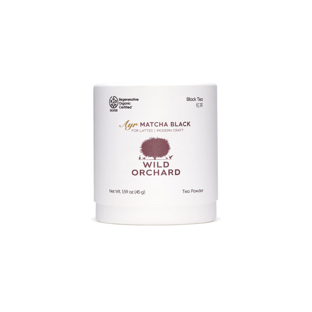 Organic green tea Ayr matcha powder in its recyclable paper container by Wild Orchard