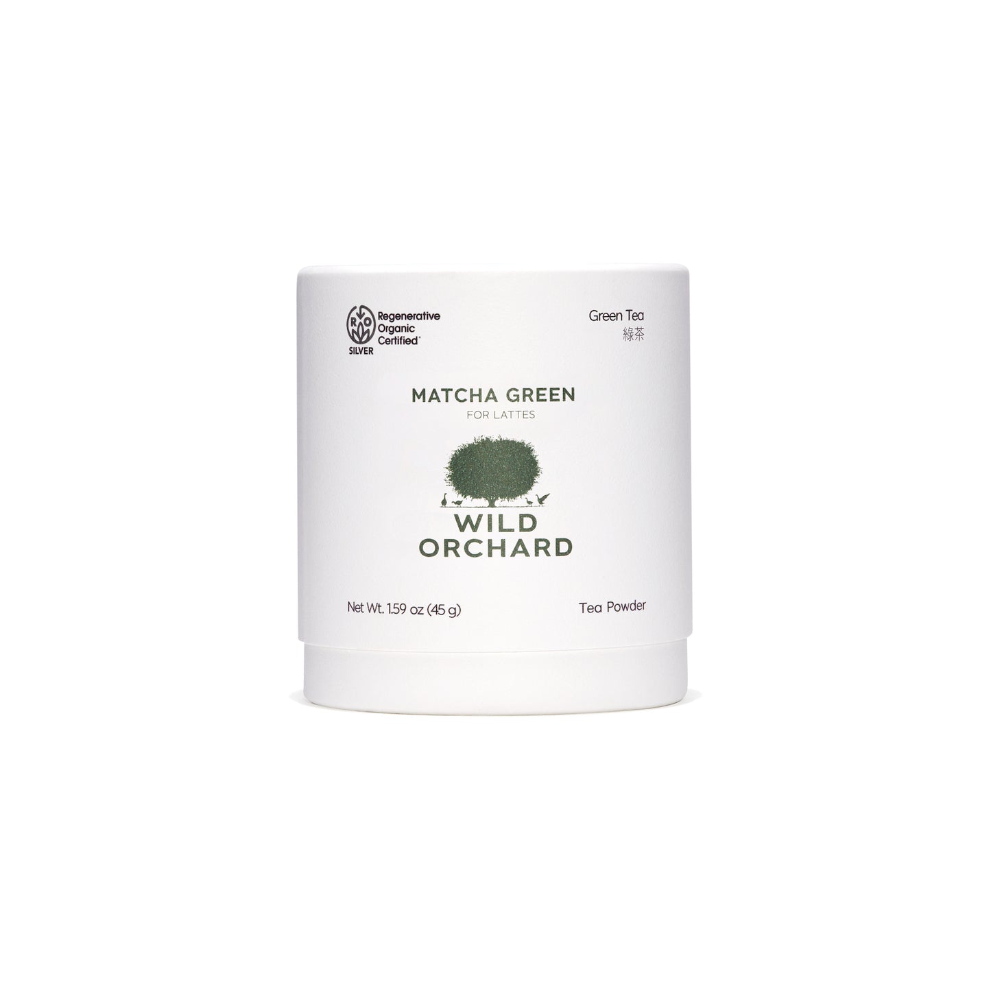 Organic green tea matcha powder in its recyclable paper container by Wild Orchard