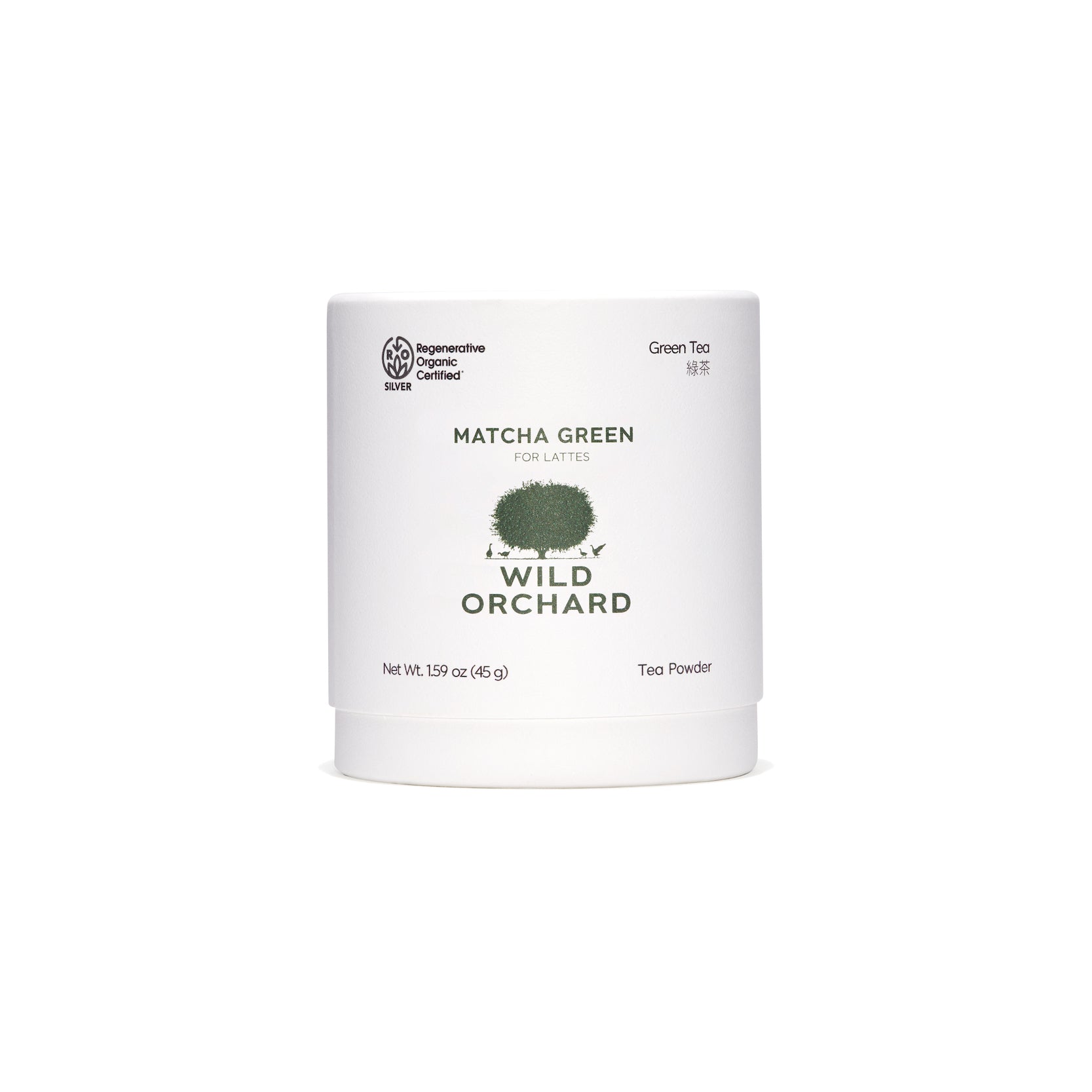 Organic green tea matcha powder in its recyclable paper container by Wild Orchard