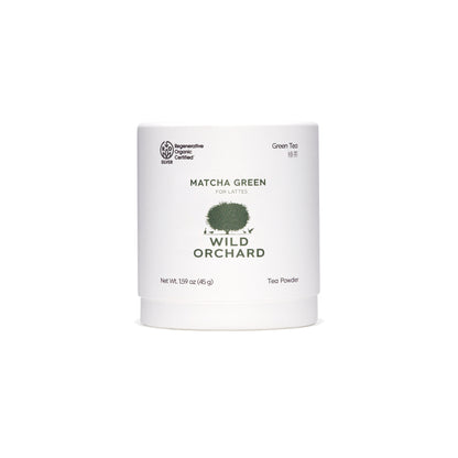 Organic green tea matcha powder in its recyclable paper container by Wild Orchard