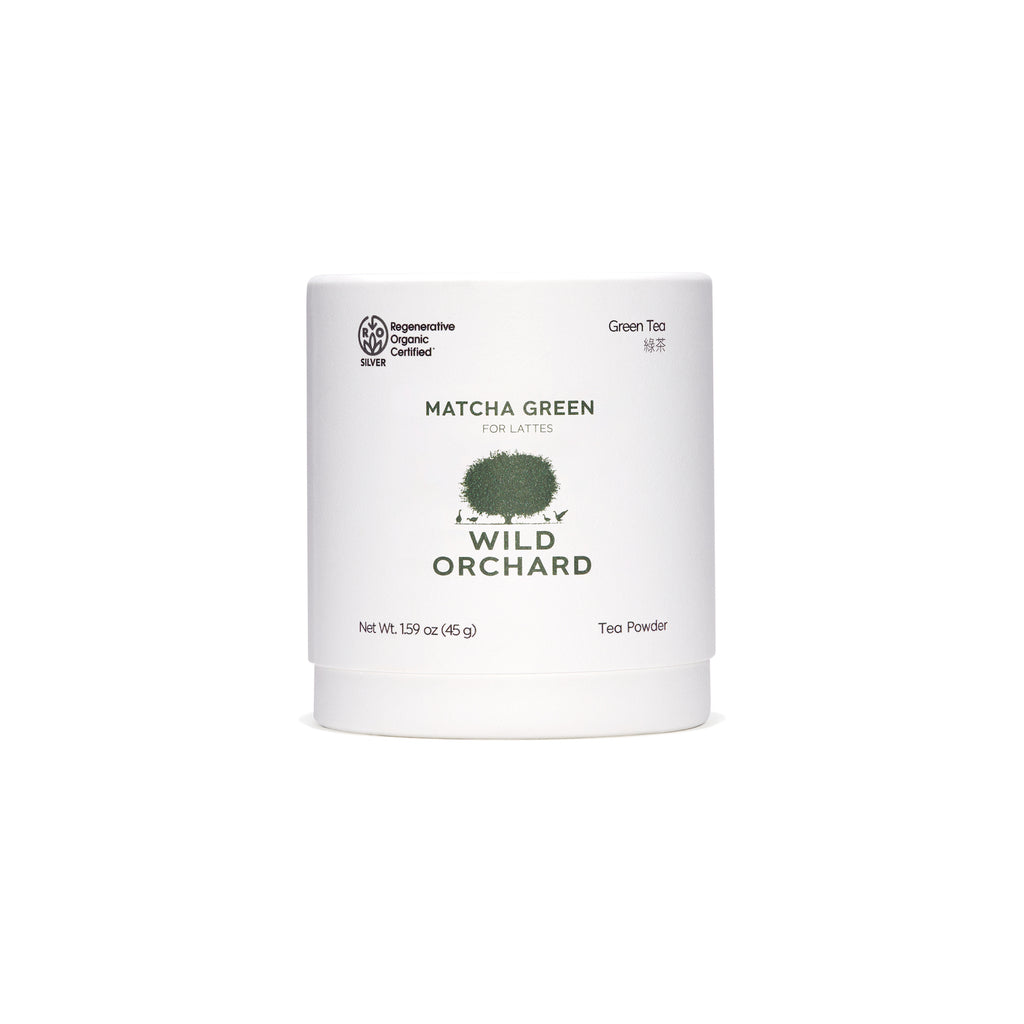 Organic green tea matcha powder in its recyclable paper container by Wild Orchard