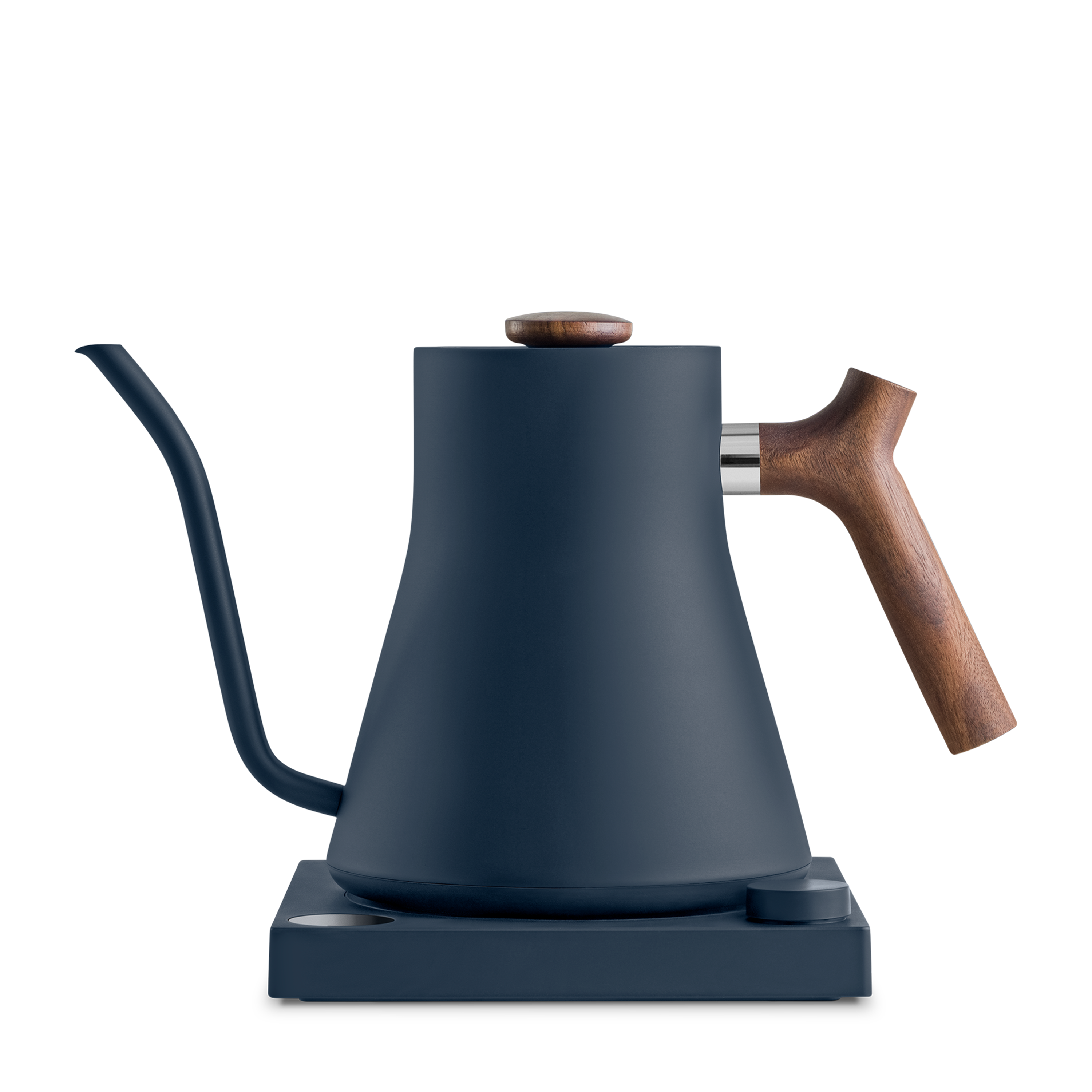 FELLOW Precision Kettle ffered at Wild Orchard Tea, image of tea kettle in blue and walnut or maple wood
