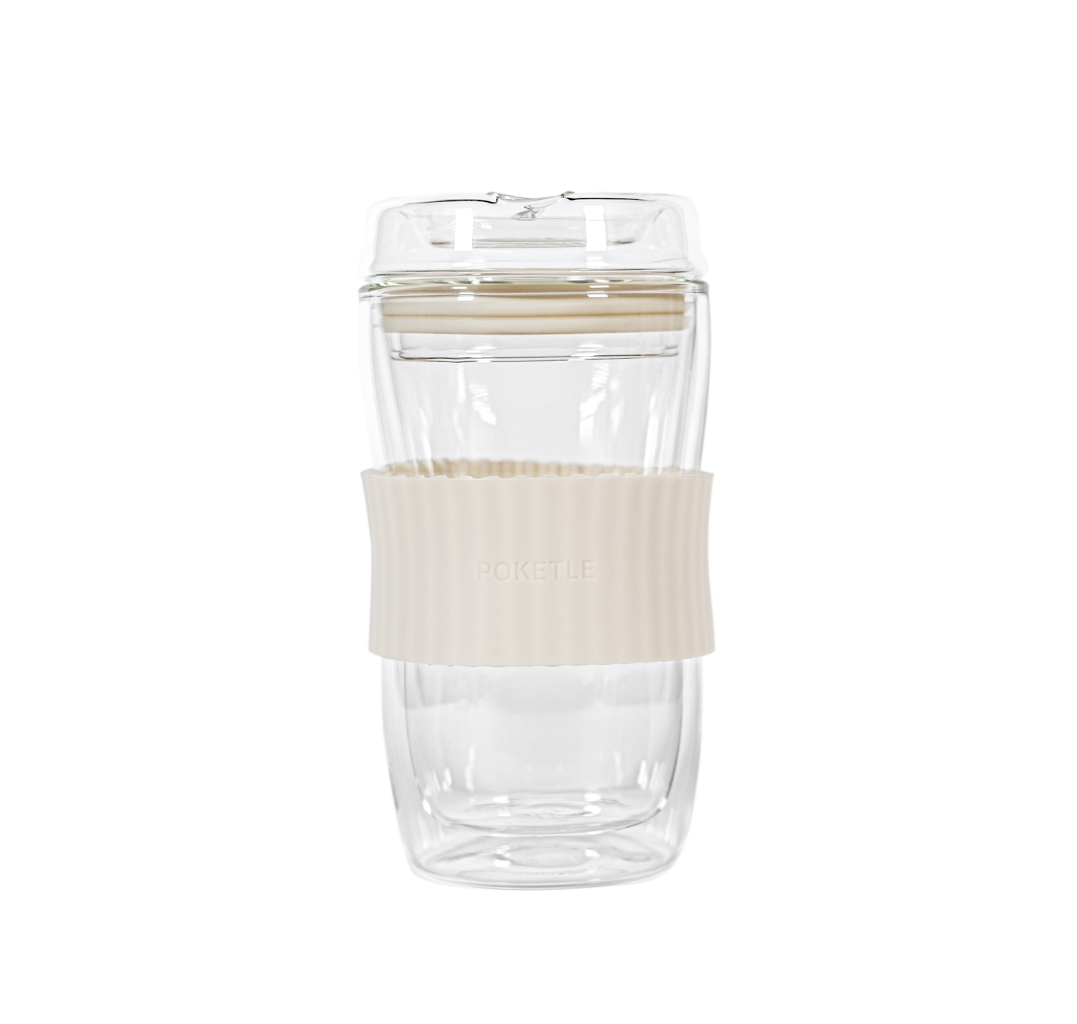 POKETLE All Glass Travel Mug with Silicone Grip at Wild Orchard Tea, cream color