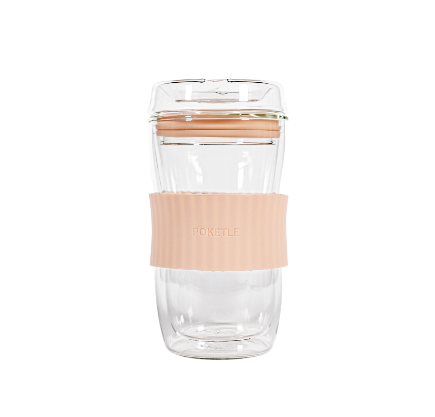 POKETLE All Glass Travel Mug with Silicone Grip at Wild Orchard Tea, peachy pink color