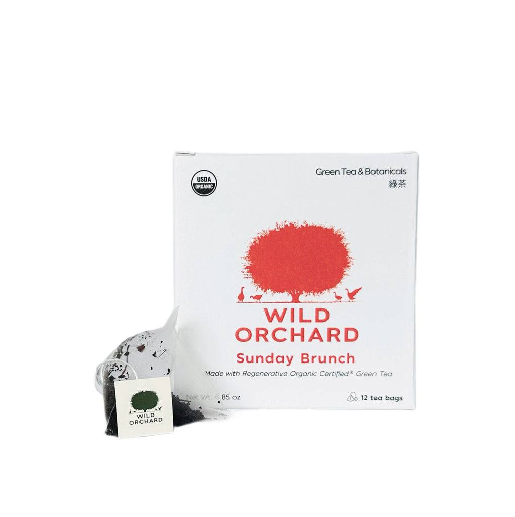 Sunday Brunch Organic Green Tea Bags by Wild Orchard, image of tea bag and box