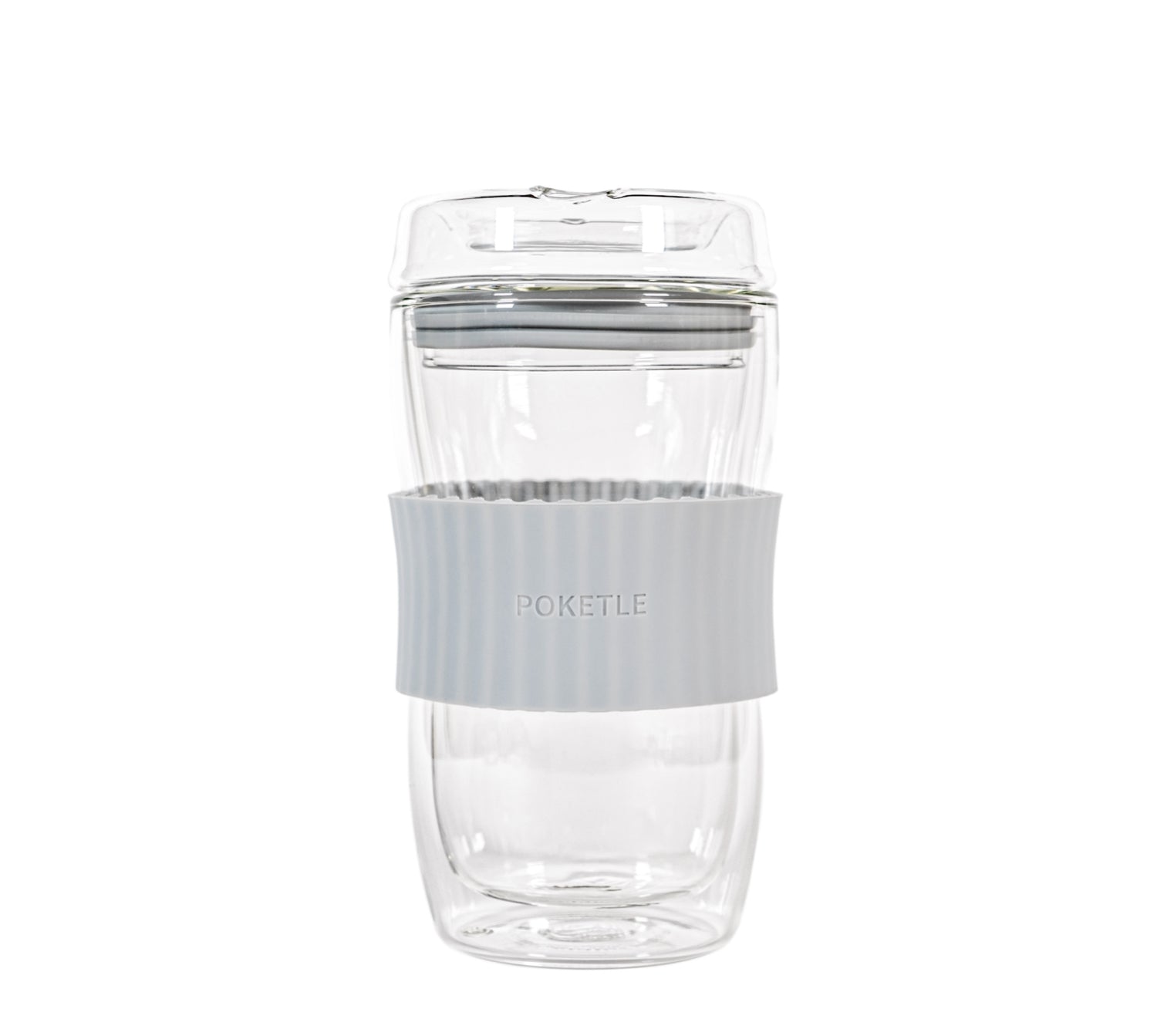 POKETLE All Glass Travel Mug with Silicone Grip at Wild Orchard Tea, grey-blue color