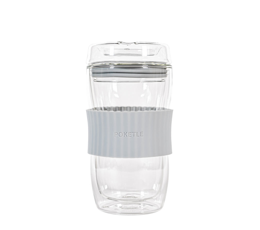 POKETLE All Glass Travel Mug with Silicone Grip at Wild Orchard Tea, grey-blue color