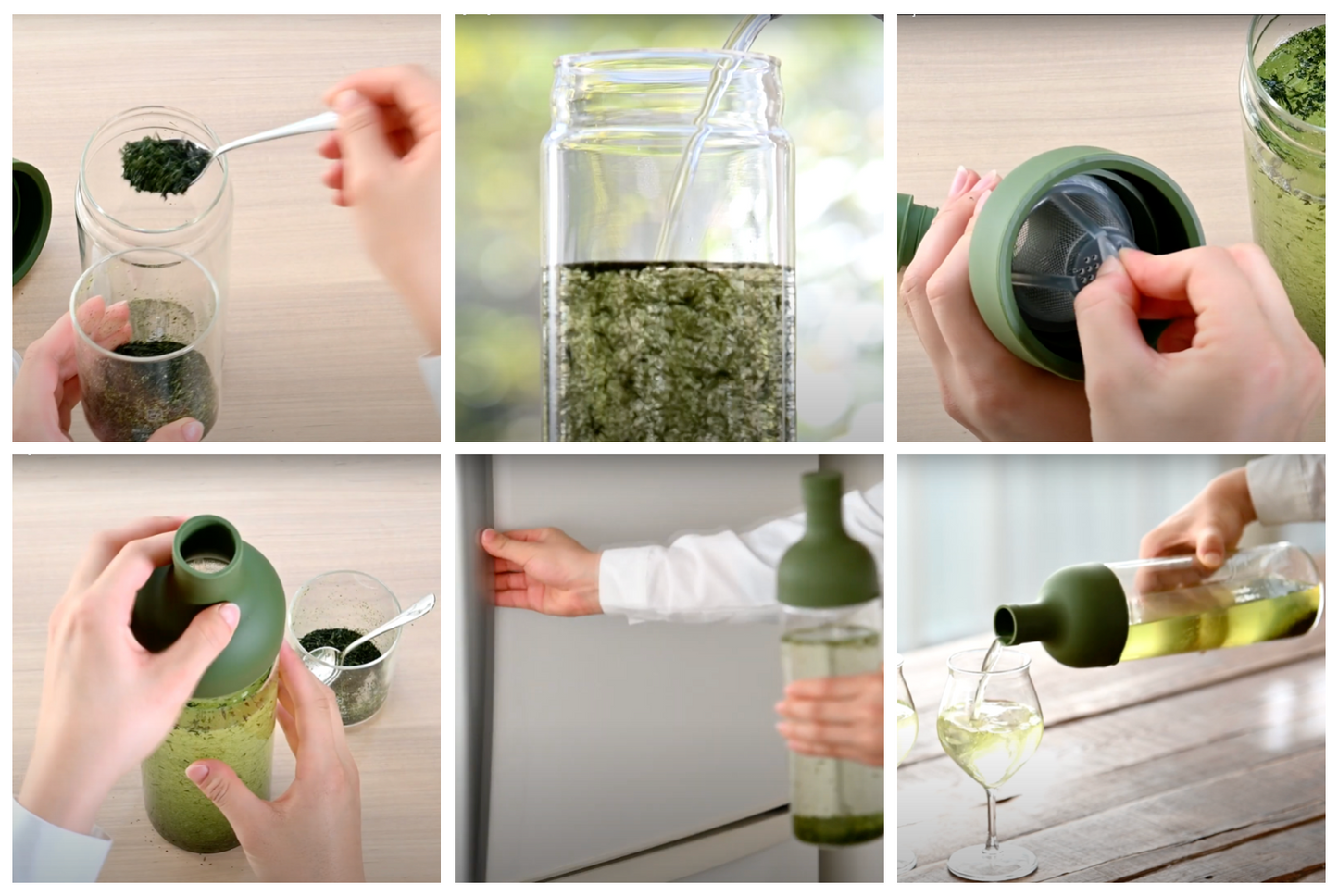 HARIO Cold Brew "Wine" Bottle at Wild Orchard Tea, olive green top, how to use image